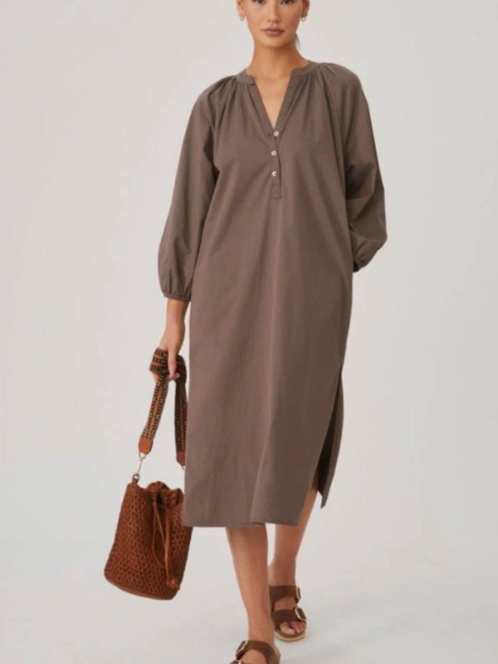 Anthropologie Sundry Taupe Long-Sleeve Button Henley Maxi Dress